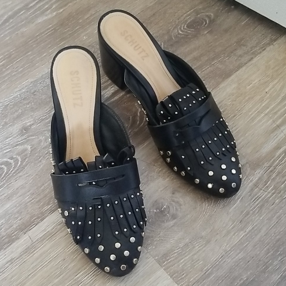 Studded loafer leather block heels